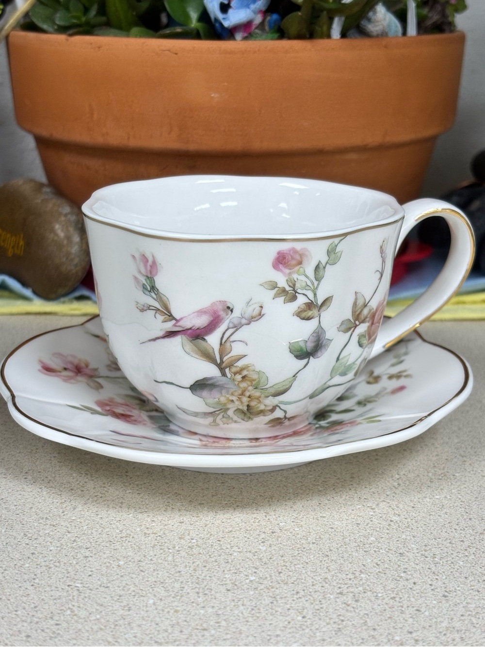 Grace Teaware Porcelain Birds and Floral Spring Garden Teacup and Saucer